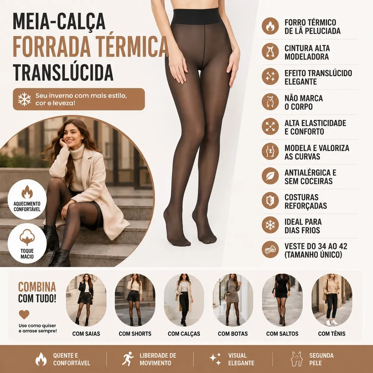Meia Calca Termica Translucida Forrada Pelucia Preta - Imagem 8